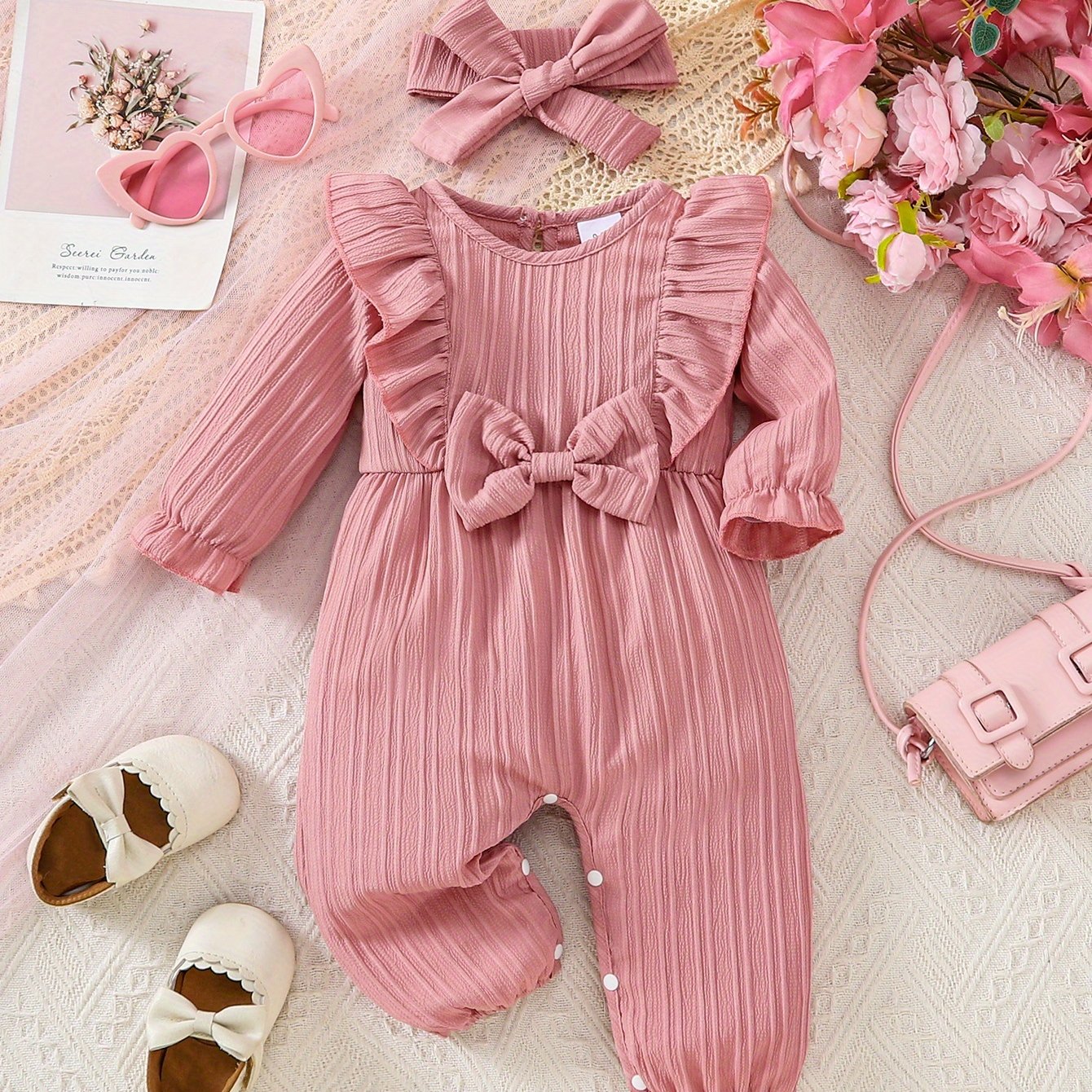 Baby Girl Solid Color Comfortable Jumpsuit + Headscarf Two-Piece Set, for Outdoor