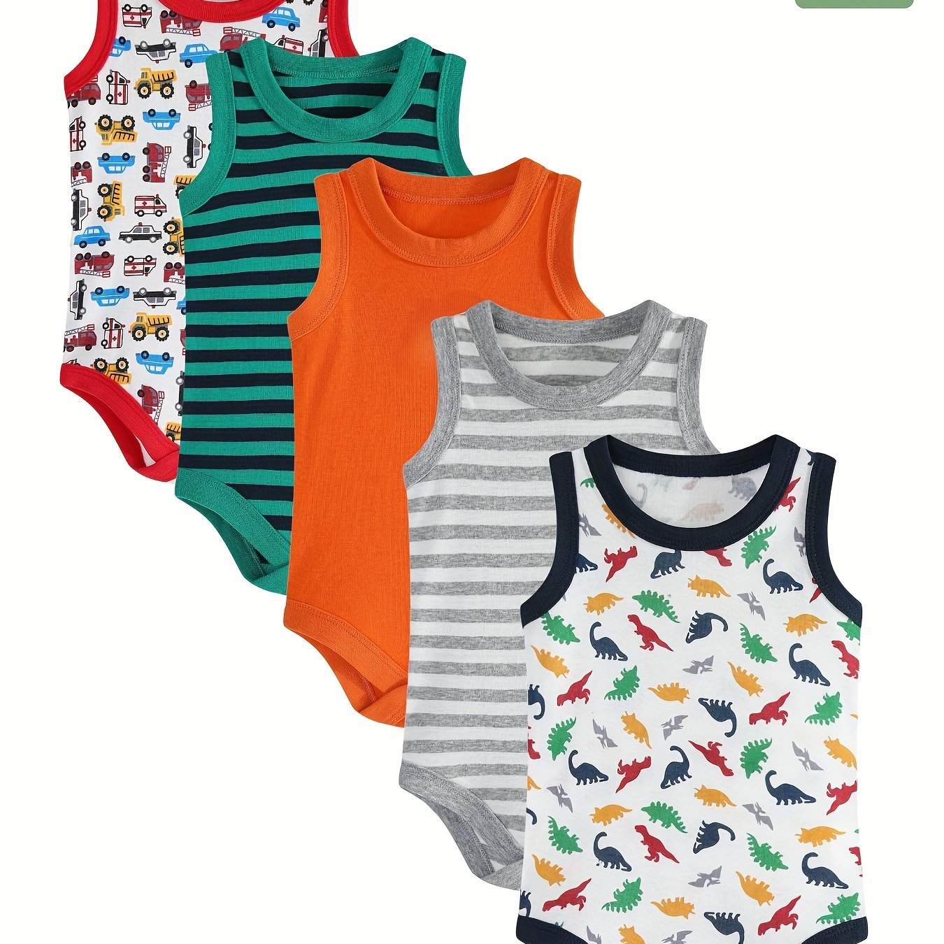 Set Of 5 Cotton Dinosaur Car Baby Boy Onesies.