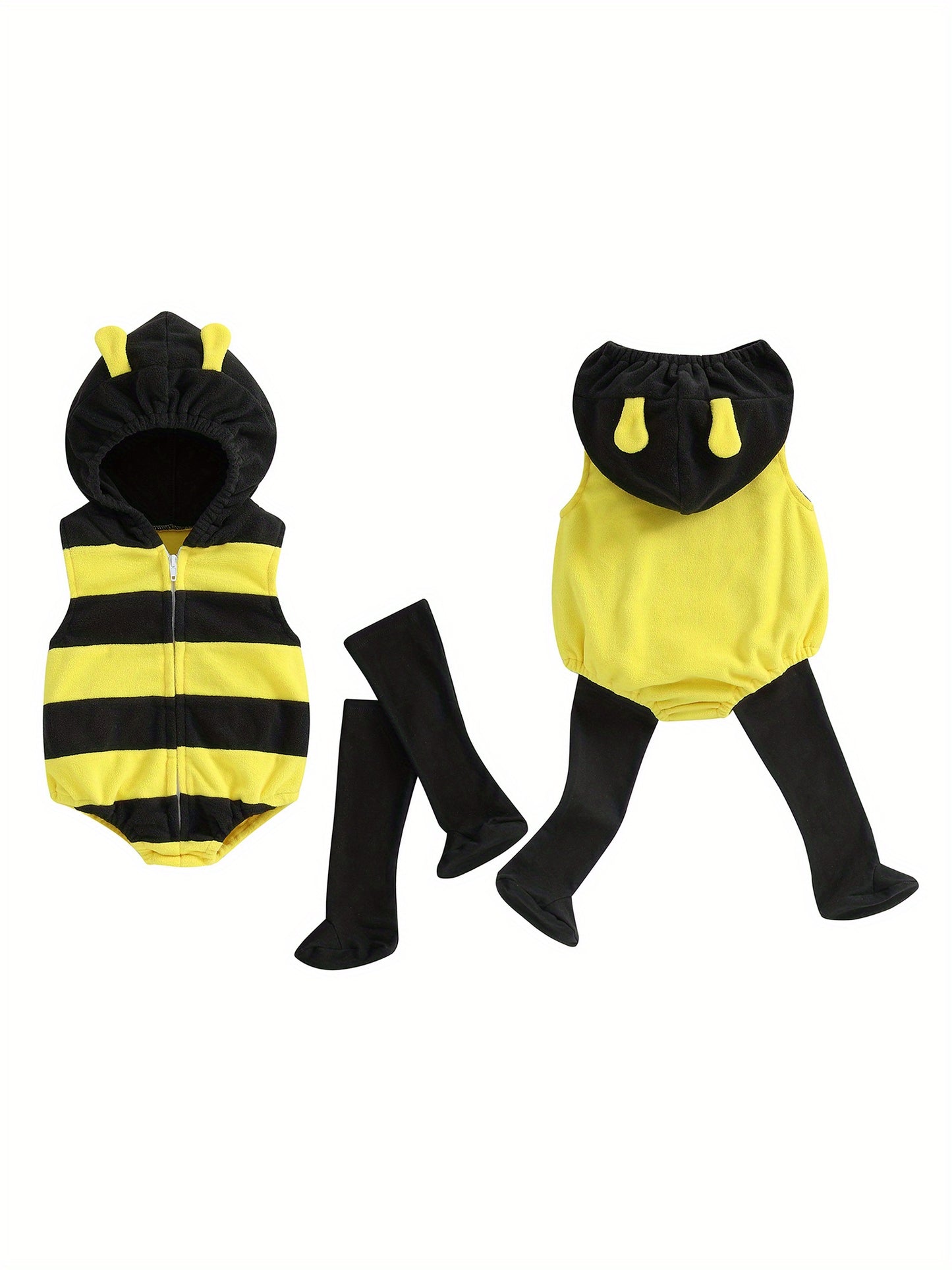 2pcs & Bee - Soft Hooded Romper & Long Socks Set with Full-Zip Closure.