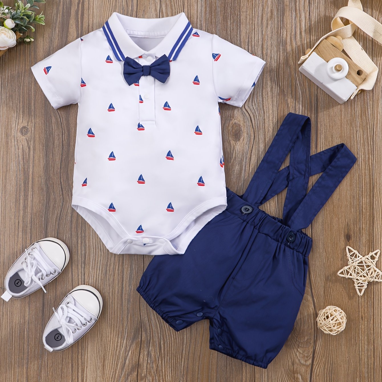 2pcs Baby Boys Casual Short Sleeve Shirt & Suspender Pants Set.