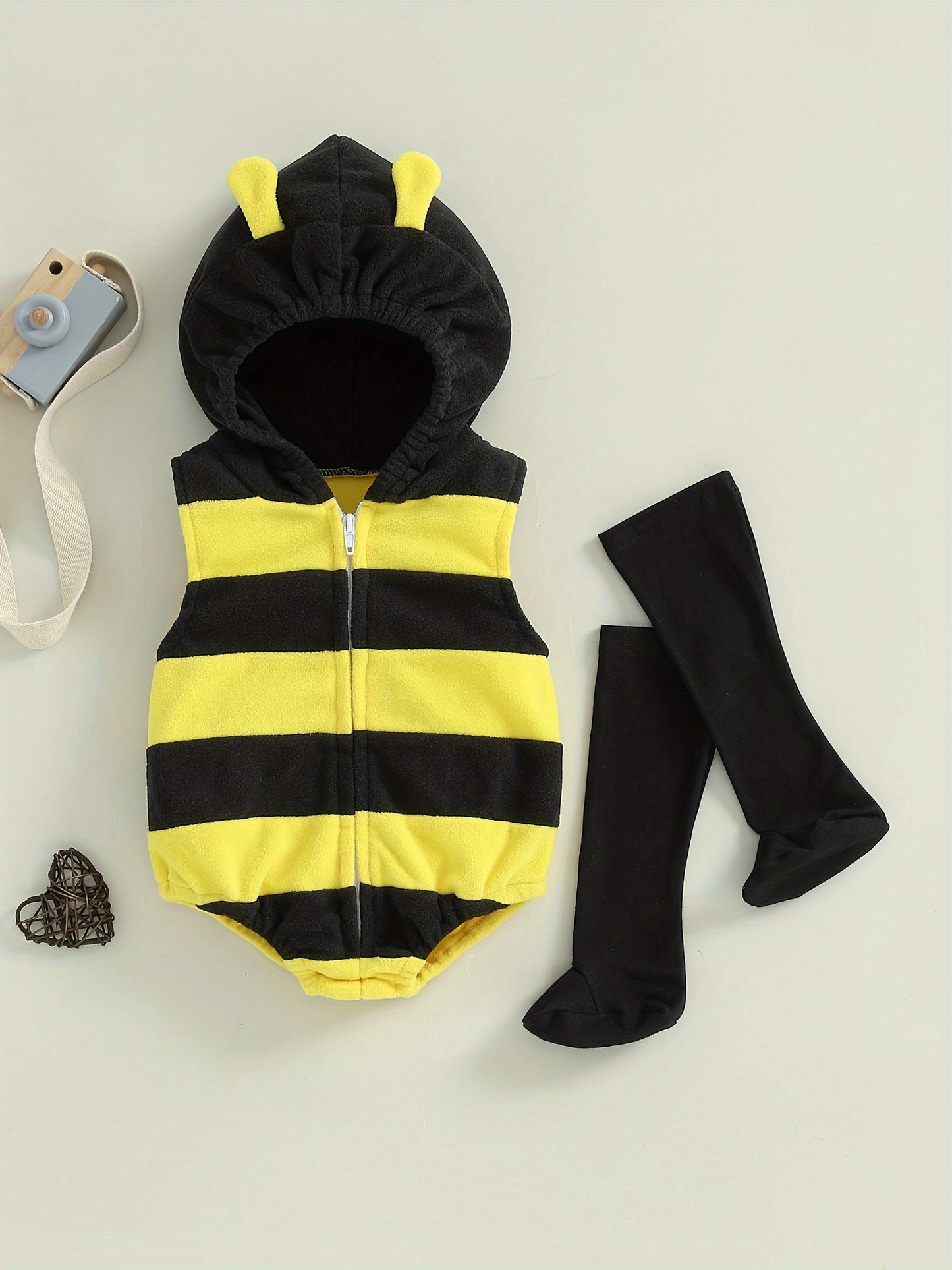 2pcs & Bee - Soft Hooded Romper & Long Socks Set with Full-Zip Closure.