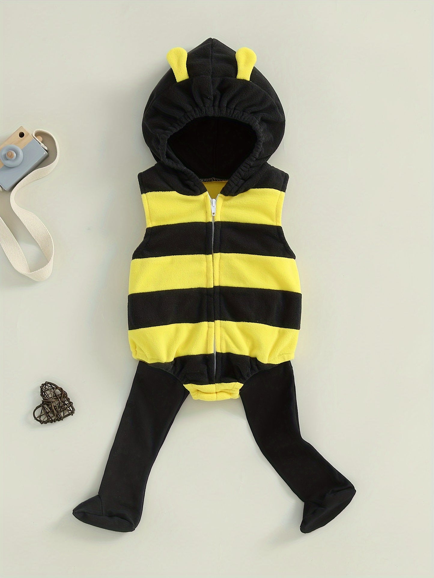 2pcs & Bee - Soft Hooded Romper & Long Socks Set with Full-Zip Closure.