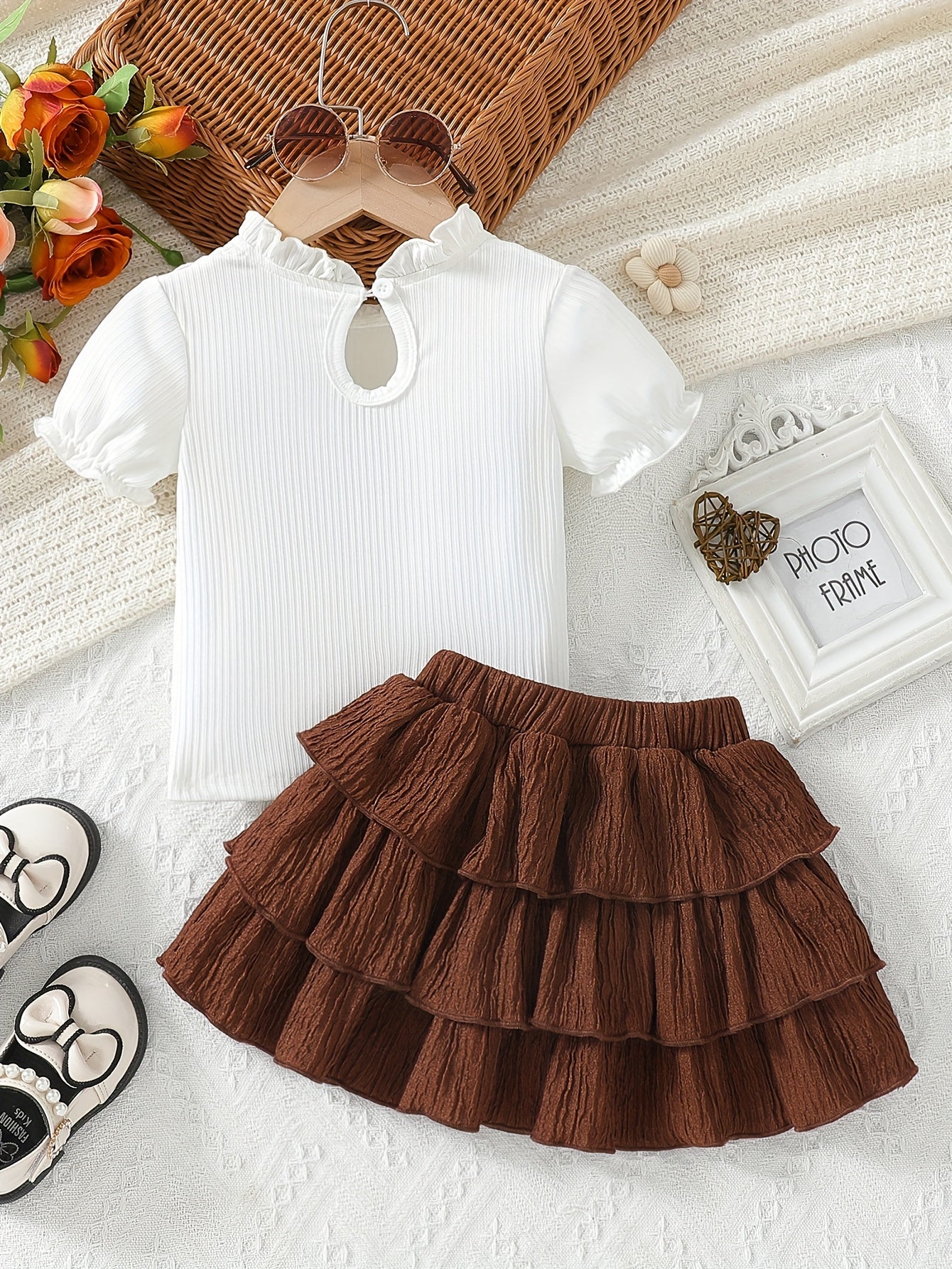 2PCS Sweet Short Sleeve Top + Brown Pleated Short Skirt