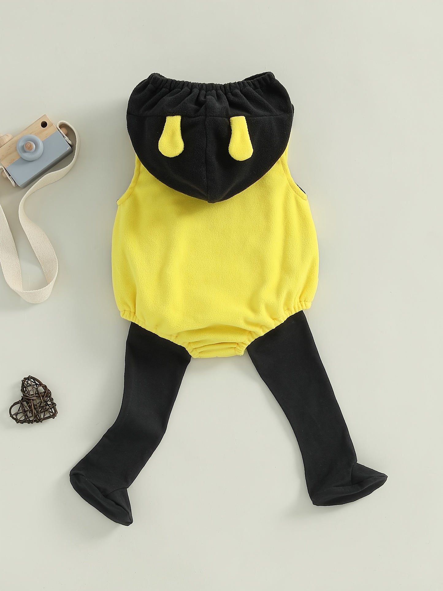 2pcs & Bee - Soft Hooded Romper & Long Socks Set with Full-Zip Closure.
