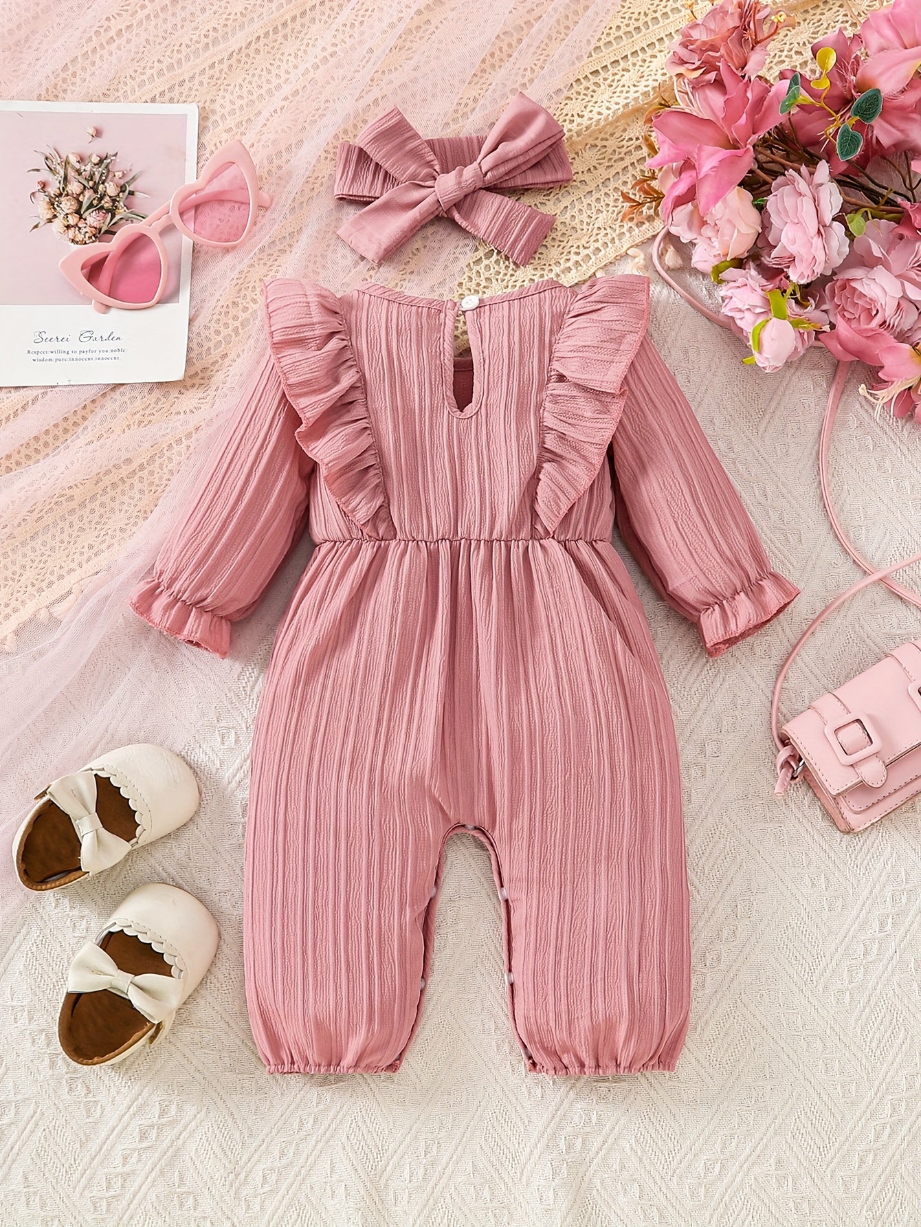 Baby Girl Solid Color Comfortable Jumpsuit + Headscarf Two-Piece Set, for Outdoor