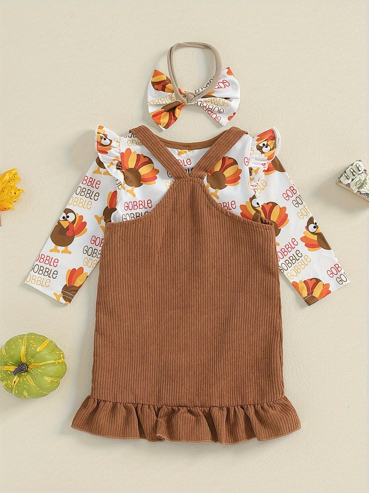 3pcs Baby Girl's Turkey Print Ruffle Sleeve Romper