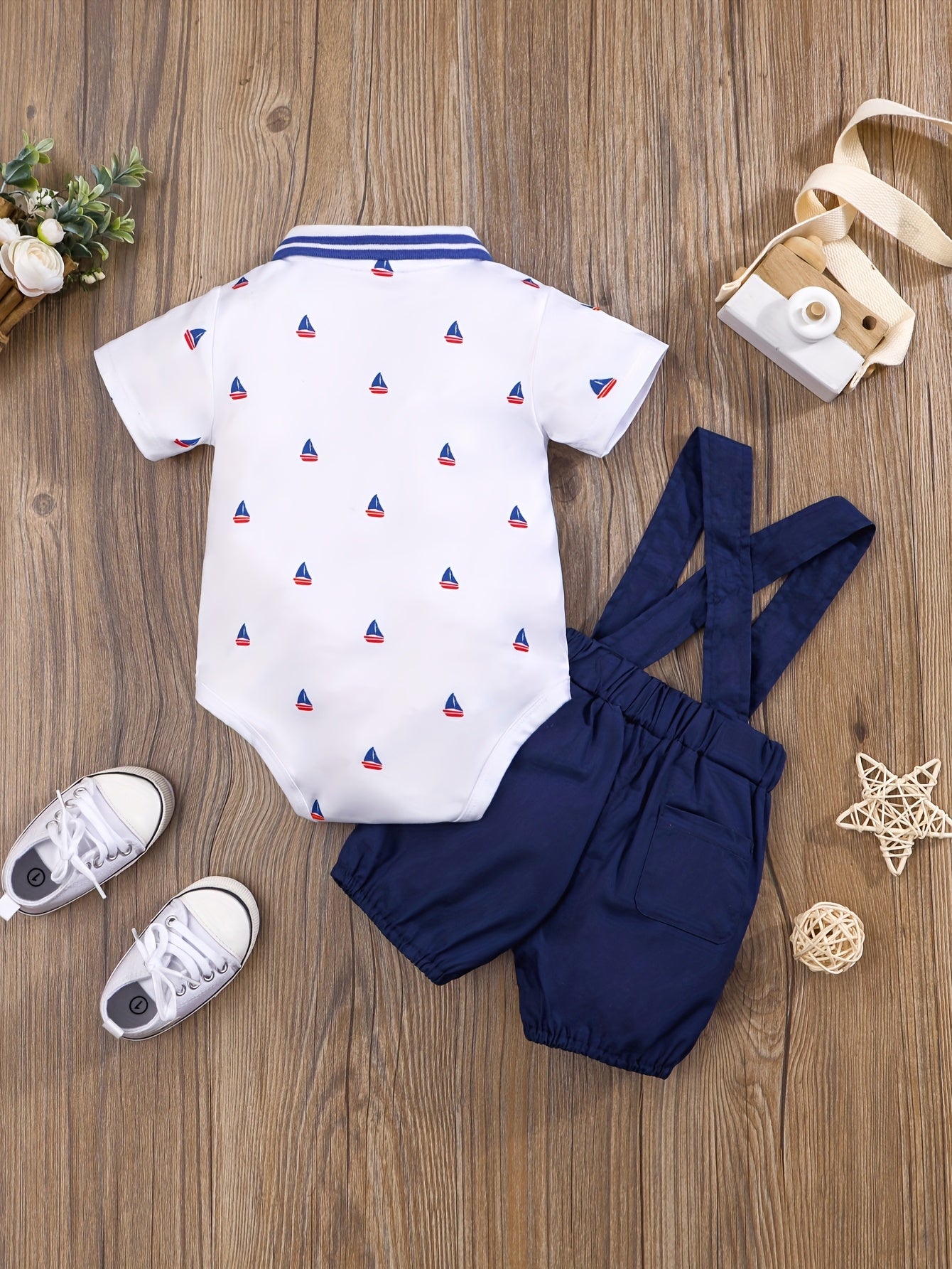 2pcs Baby Boys Casual Short Sleeve Shirt & Suspender Pants Set.