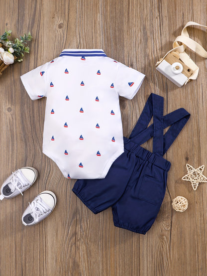 2pcs Baby Boys Casual Short Sleeve Shirt & Suspender Pants Set.