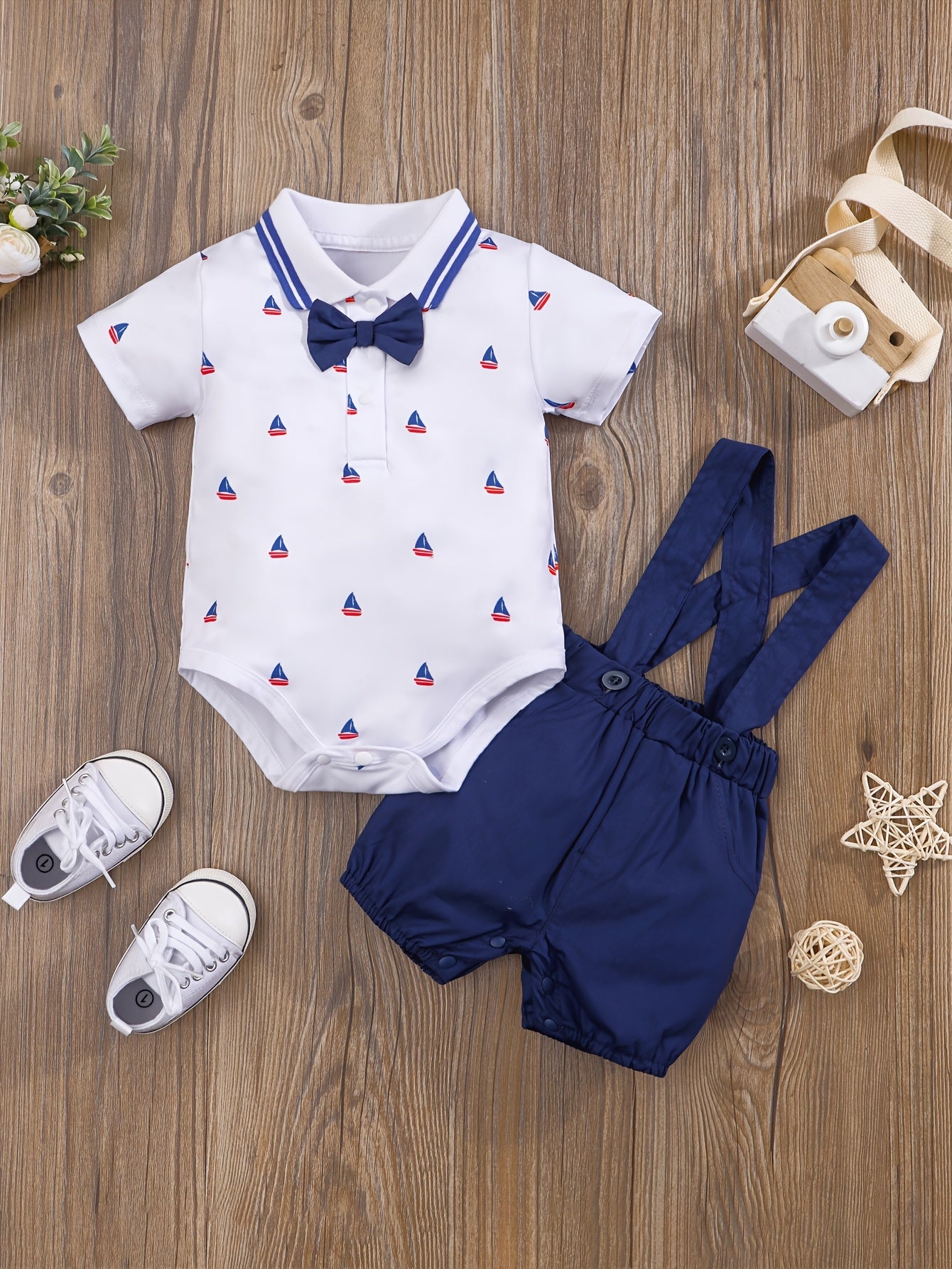 2pcs Baby Boys Casual Short Sleeve Shirt & Suspender Pants Set.