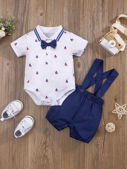 2pcs Baby Boys Casual Short Sleeve Shirt & Suspender Pants Set.