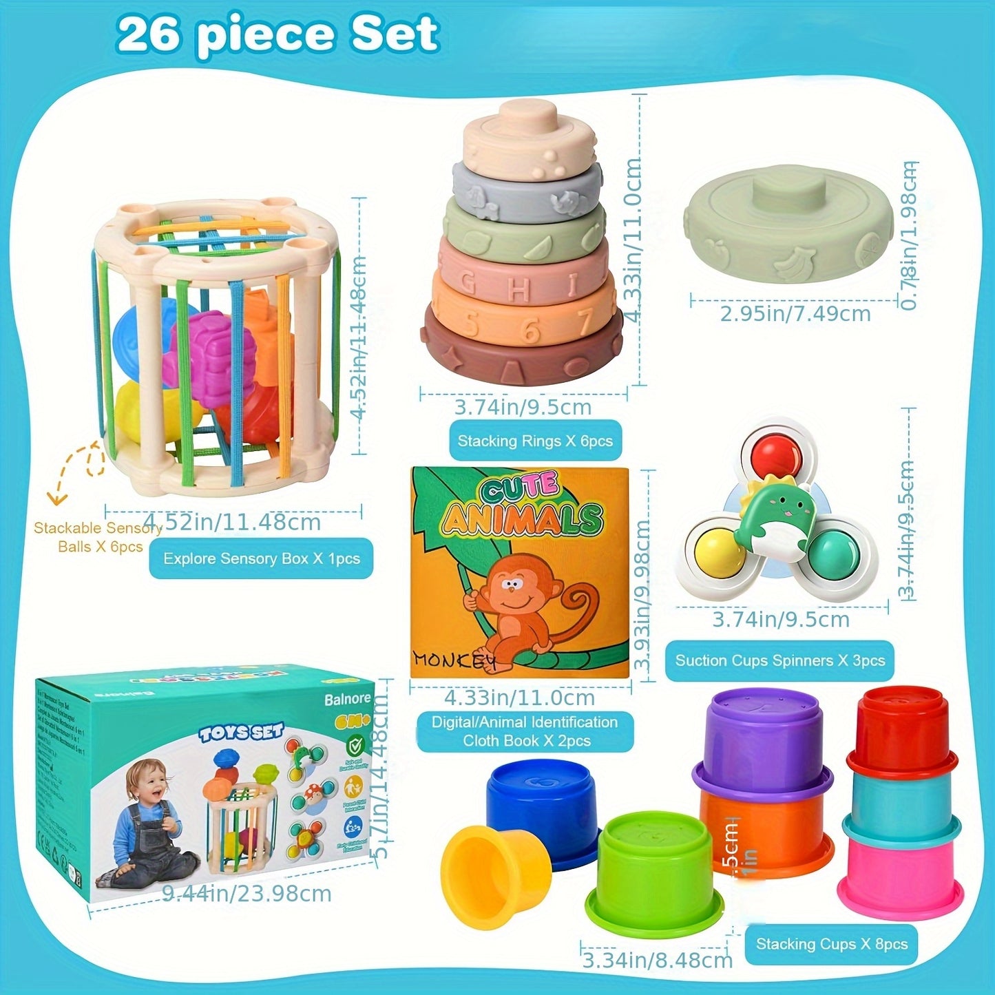 6 In 1 Learning Puzzle Set Toys, Stacking Toys, 26pcs Baby Toys, Children'S Sensory Learning Toys, Cloth Books, Baby Bath Time Fun For Boys And Girls 1-4 Years, Birthday Gift