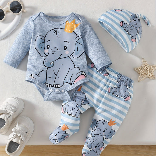 Newborn Baby Boy Cartoon Elephant Print Off Shoulder Long Sleeve Romper 3Pcs Set