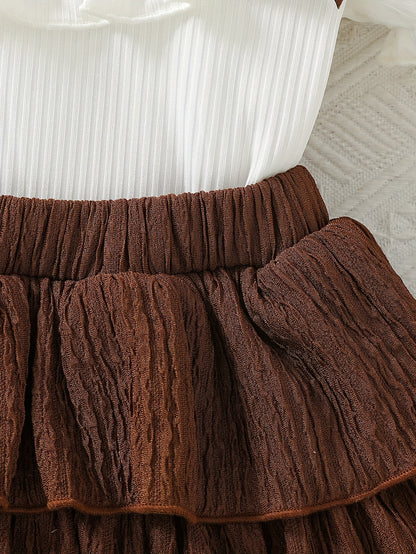 2PCS Sweet Short Sleeve Top + Brown Pleated Short Skirt