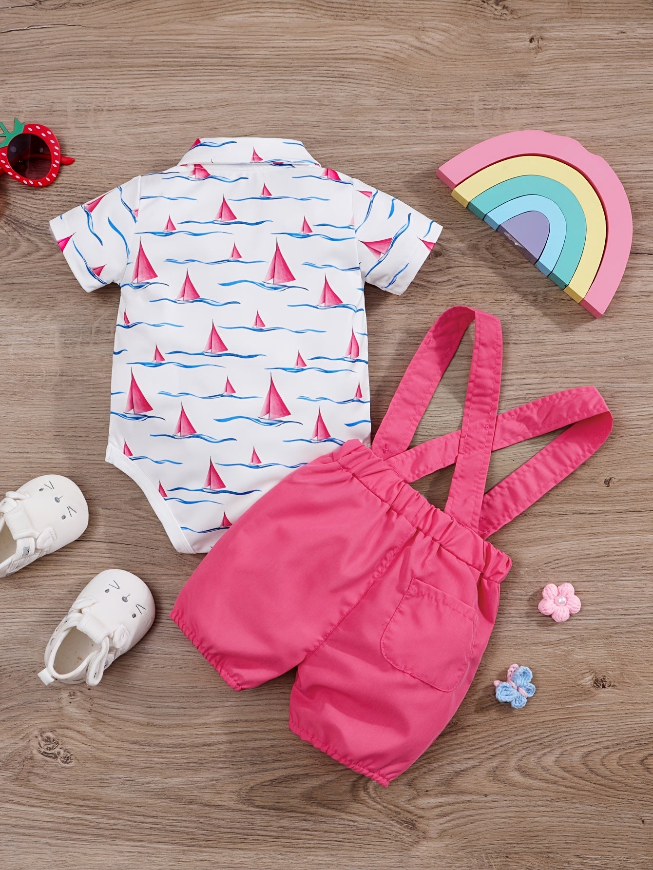 2pcs Baby Boys Casual Short Sleeve Shirt & Suspender Pants Set.