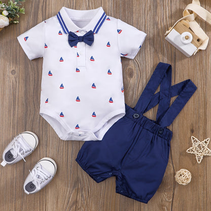 2pcs Baby Boys Casual Short Sleeve Shirt & Suspender Pants Set.