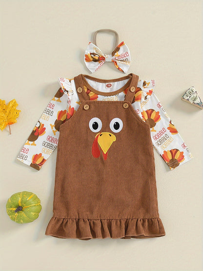 3pcs Baby Girl's Turkey Print Ruffle Sleeve Romper