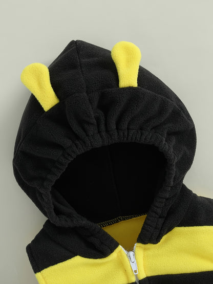 2pcs & Bee - Soft Hooded Romper & Long Socks Set with Full-Zip Closure.