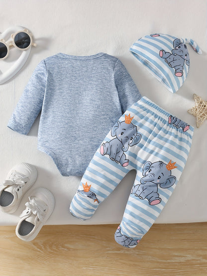 Newborn Baby Boy Cartoon Elephant Print Off Shoulder Long Sleeve Romper 3Pcs Set