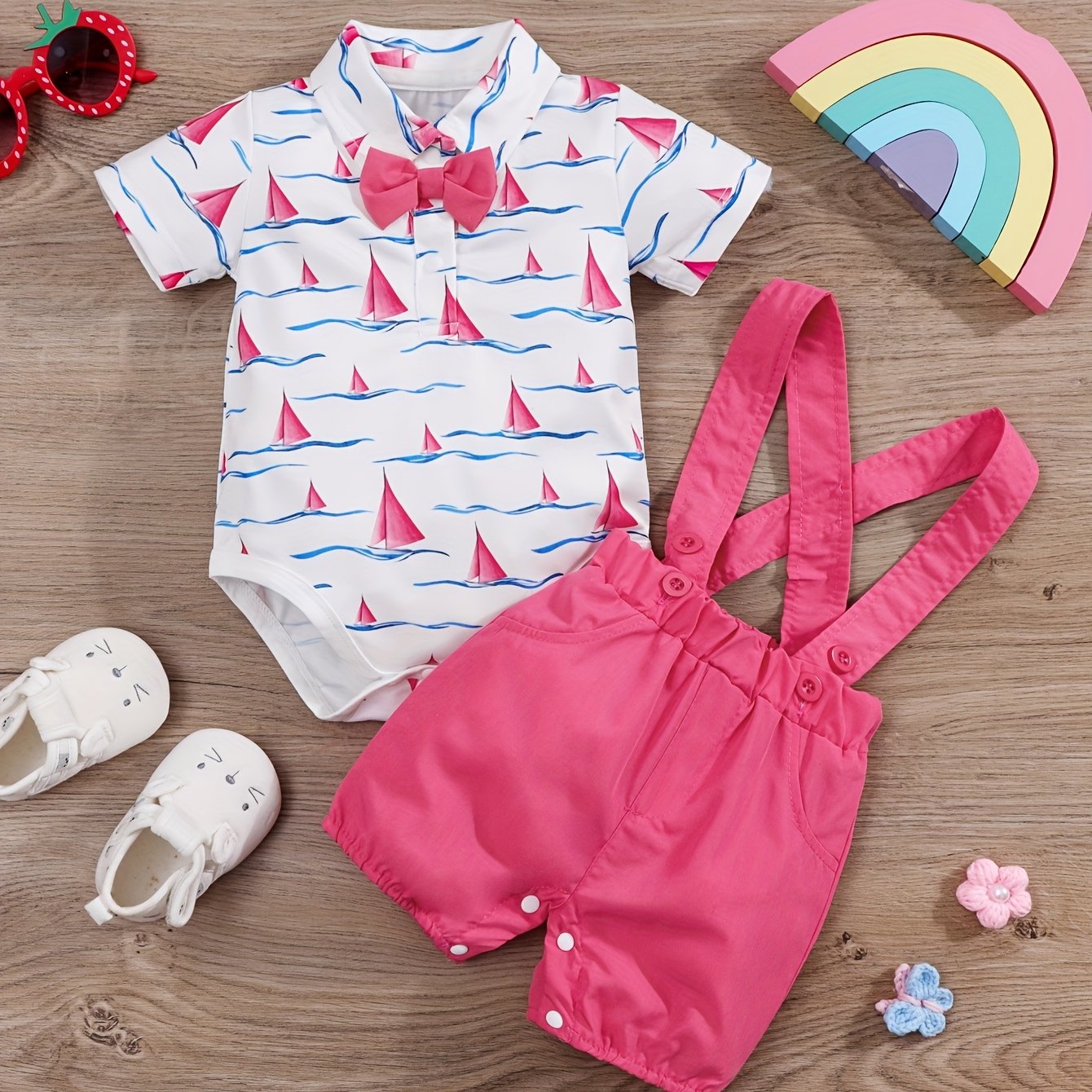 2pcs Baby Boys Casual Short Sleeve Shirt & Suspender Pants Set.