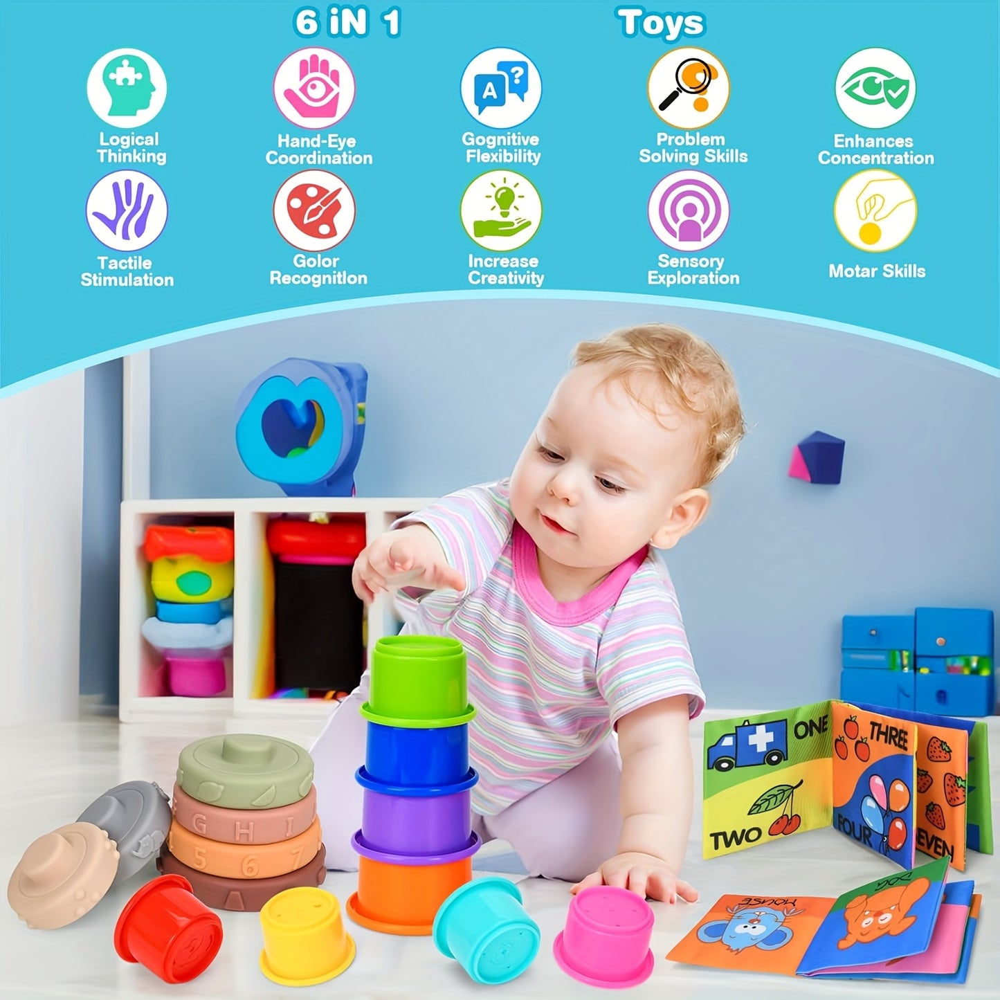 6 In 1 Learning Puzzle Set Toys, Stacking Toys, 26pcs Baby Toys, Children'S Sensory Learning Toys, Cloth Books, Baby Bath Time Fun For Boys And Girls 1-4 Years, Birthday Gift