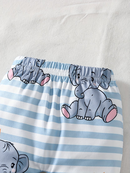 Newborn Baby Boy Cartoon Elephant Print Off Shoulder Long Sleeve Romper 3Pcs Set