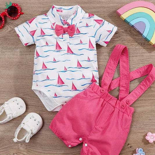 2pcs Baby Boys Casual Short Sleeve Shirt & Suspender Pants Set.