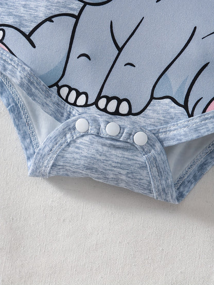 Newborn Baby Boy Cartoon Elephant Print Off Shoulder Long Sleeve Romper 3Pcs Set
