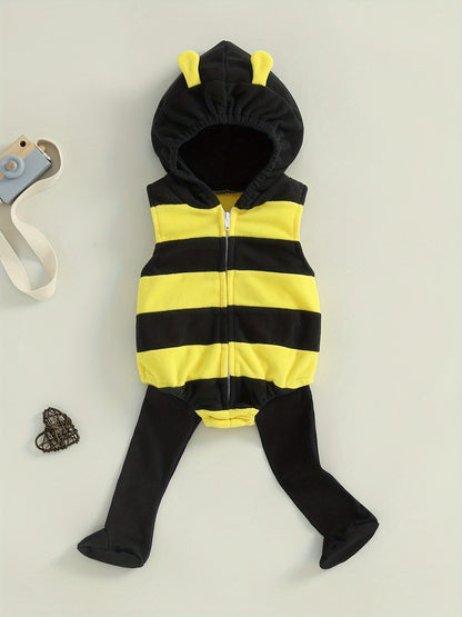 2pcs & Bee - Soft Hooded Romper & Long Socks Set with Full-Zip Closure.