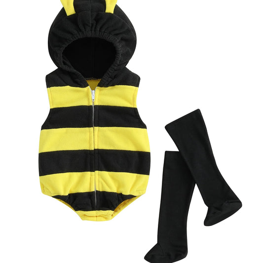 2pcs & Bee - Soft Hooded Romper & Long Socks Set with Full-Zip Closure.