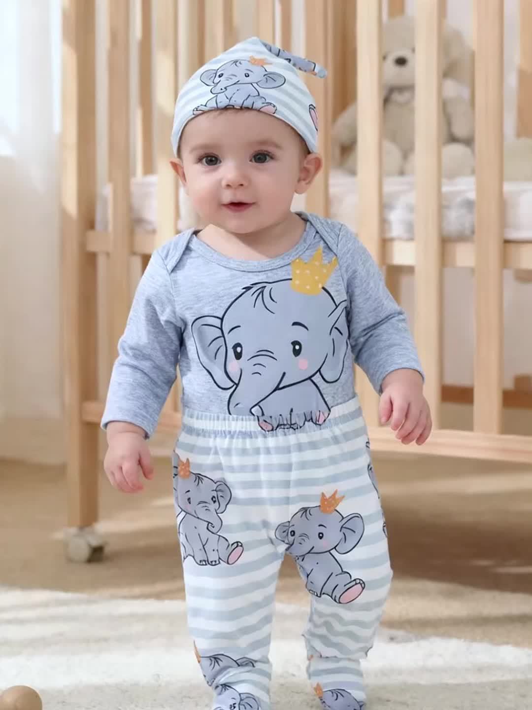Newborn Baby Boy Cartoon Elephant Print Off Shoulder Long Sleeve Romper 3Pcs Set
