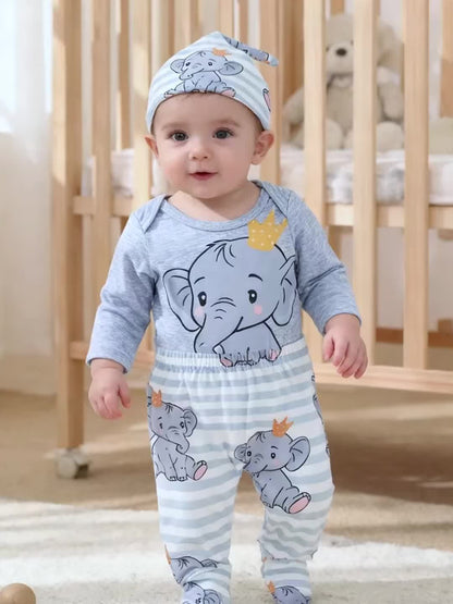 Newborn Baby Boy Cartoon Elephant Print Off Shoulder Long Sleeve Romper 3Pcs Set