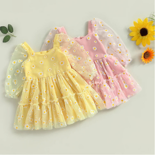 Fashion Spring Autumn Baby Girl Princess A-Line Dress Elegant Daisy Print Long Sleeves Mesh Tulle Party Dress for Toddler