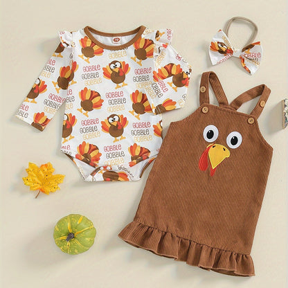 3pcs Baby Girl's Turkey Print Ruffle Sleeve Romper
