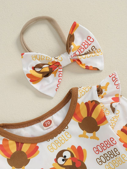 3pcs Baby Girl's Turkey Print Ruffle Sleeve Romper