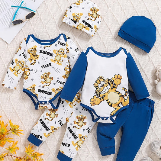 BOYS 6 PCS Blue Tiger All Over Print Long Sleeve Romper
