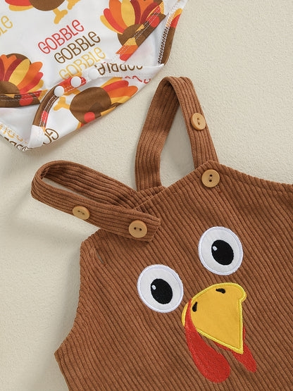 3pcs Baby Girl's Turkey Print Ruffle Sleeve Romper