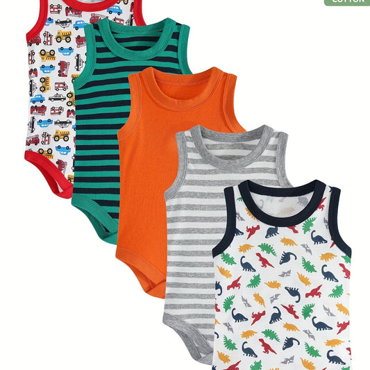Set Of 5 Cotton Dinosaur Car Baby Boy Onesies.