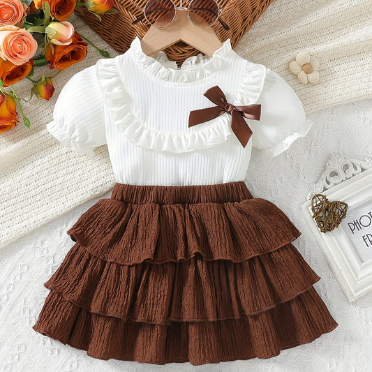 2PCS Sweet Short Sleeve Top + Brown Pleated Short Skirt