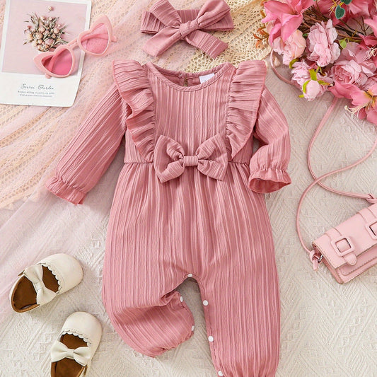 Baby Girl Solid Color Comfortable Jumpsuit + Headscarf Two-Piece Set, for Outdoor