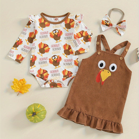 3pcs Baby Girl's Turkey Print Ruffle Sleeve Romper